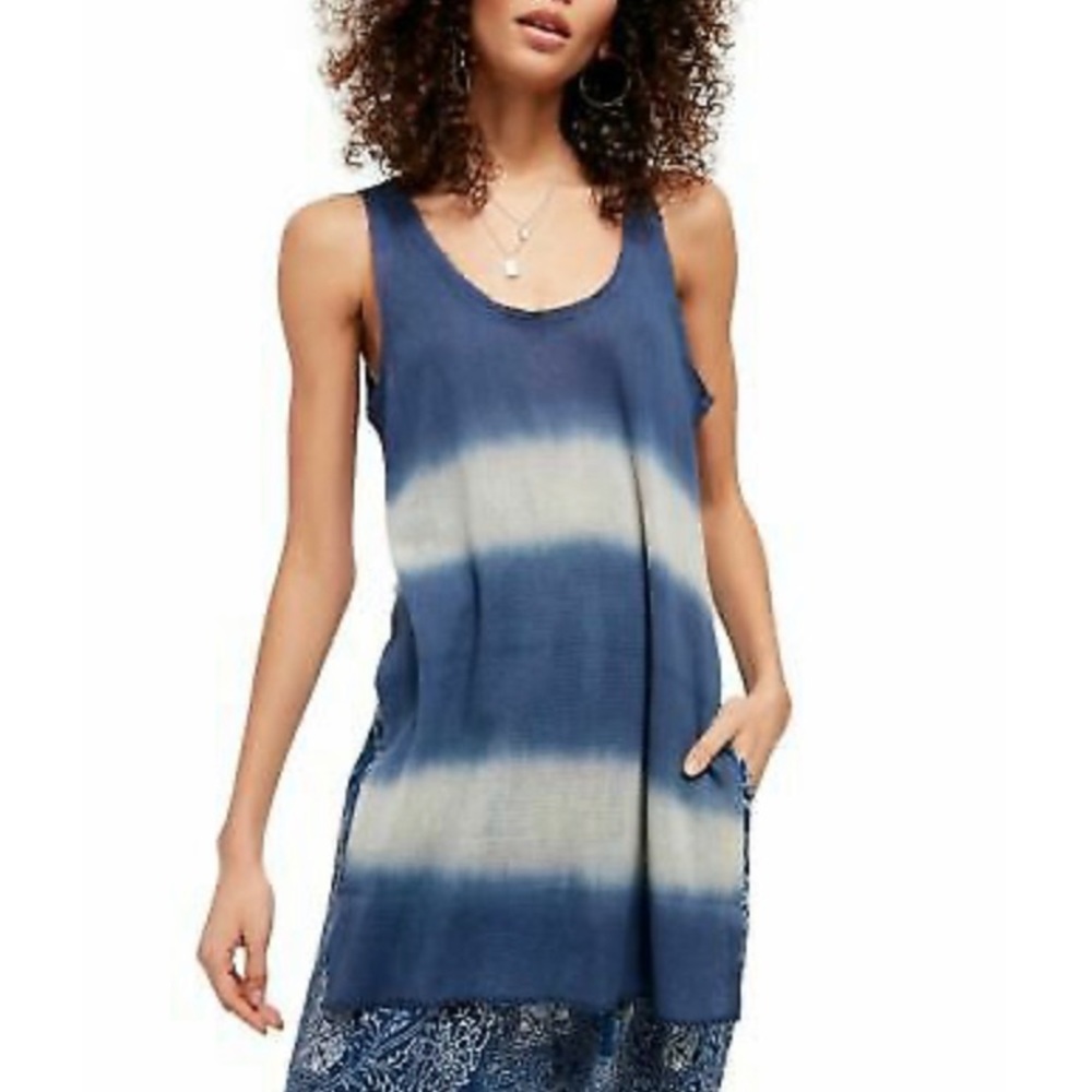 Free People Joni Cotton Out Of The Sea Combo Navy Tank Top